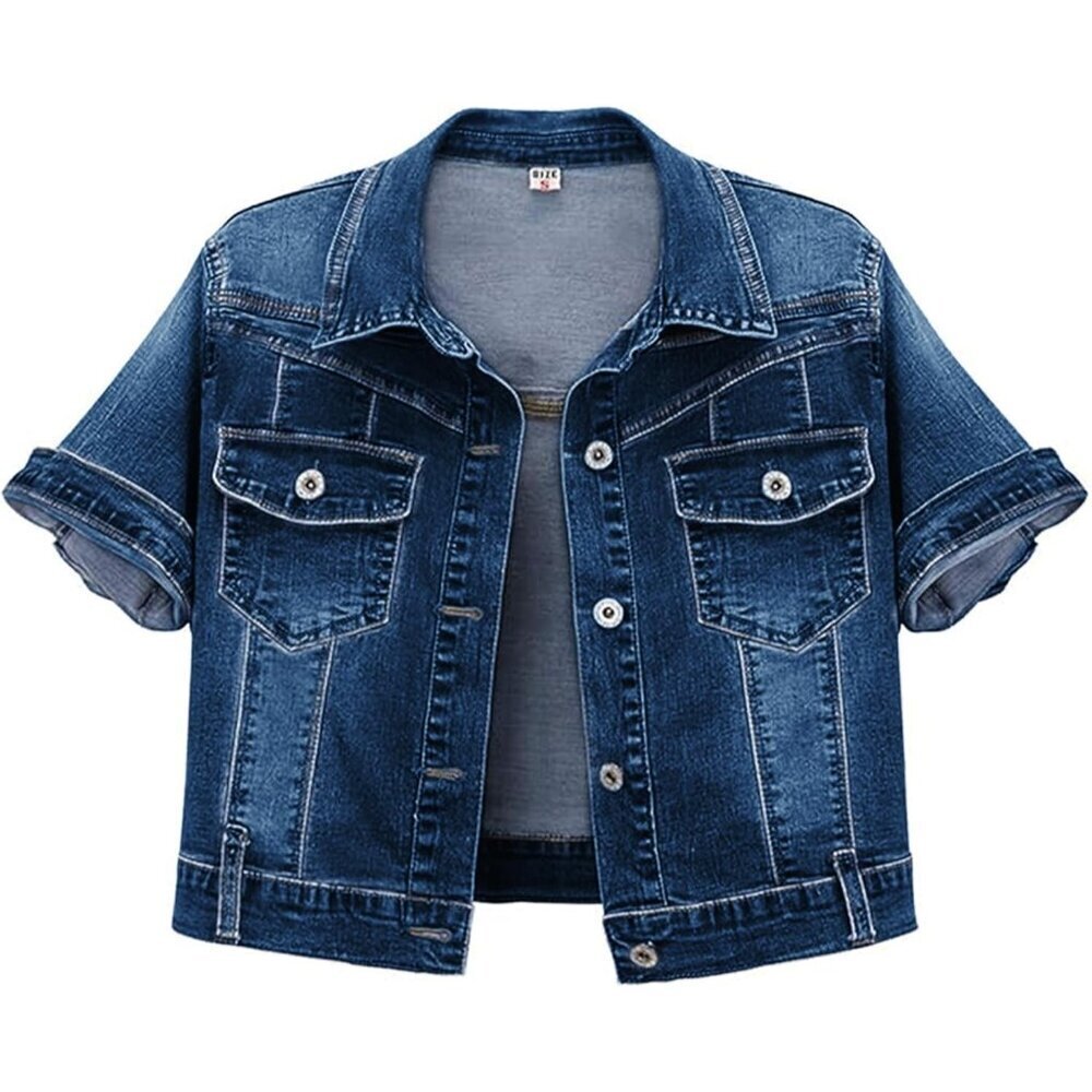 👉 Women Blue Short Sleeve Slim Crop Denim Trucker Jacket Jean Coat Tops